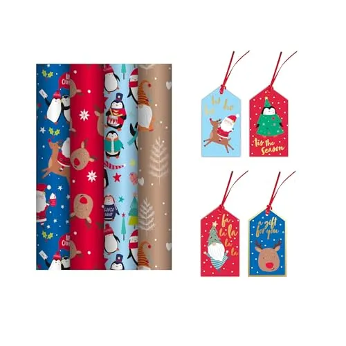 4 x 4M Cute Christmas Wrapping Paper Rolls Kids Xmas Wrap & 16 Matching Tags