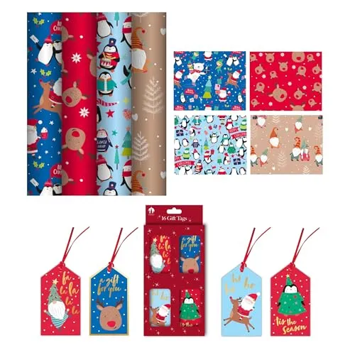 4 x 4M Cute Christmas Wrapping Paper Rolls Kids Xmas Wrap & 16 Matching Tags