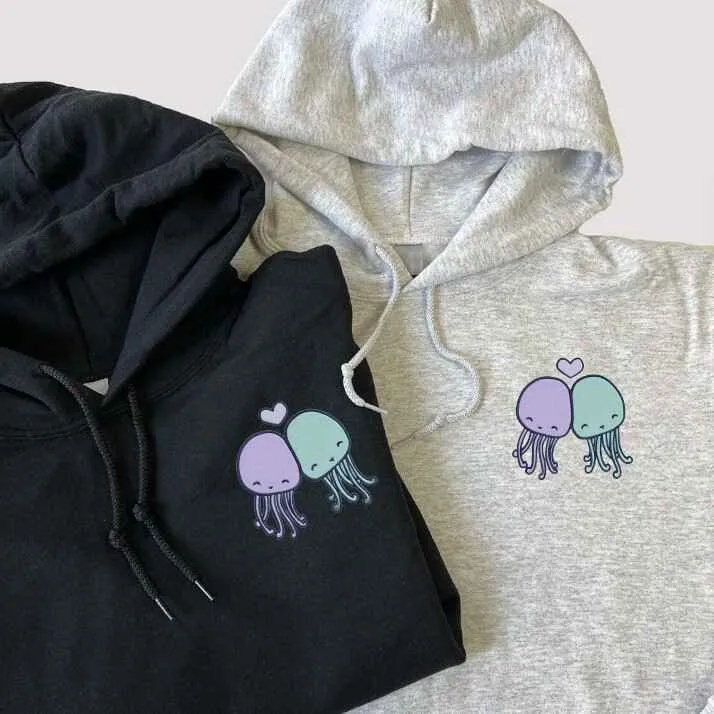 Adorable Jellyfish Matching Couple Hoodies - Custom Embroidered Matching Hoodies For Couples