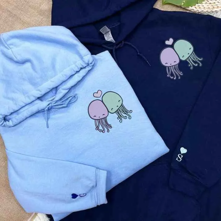 Adorable Jellyfish Matching Couple Hoodies - Custom Embroidered Matching Hoodies For Couples