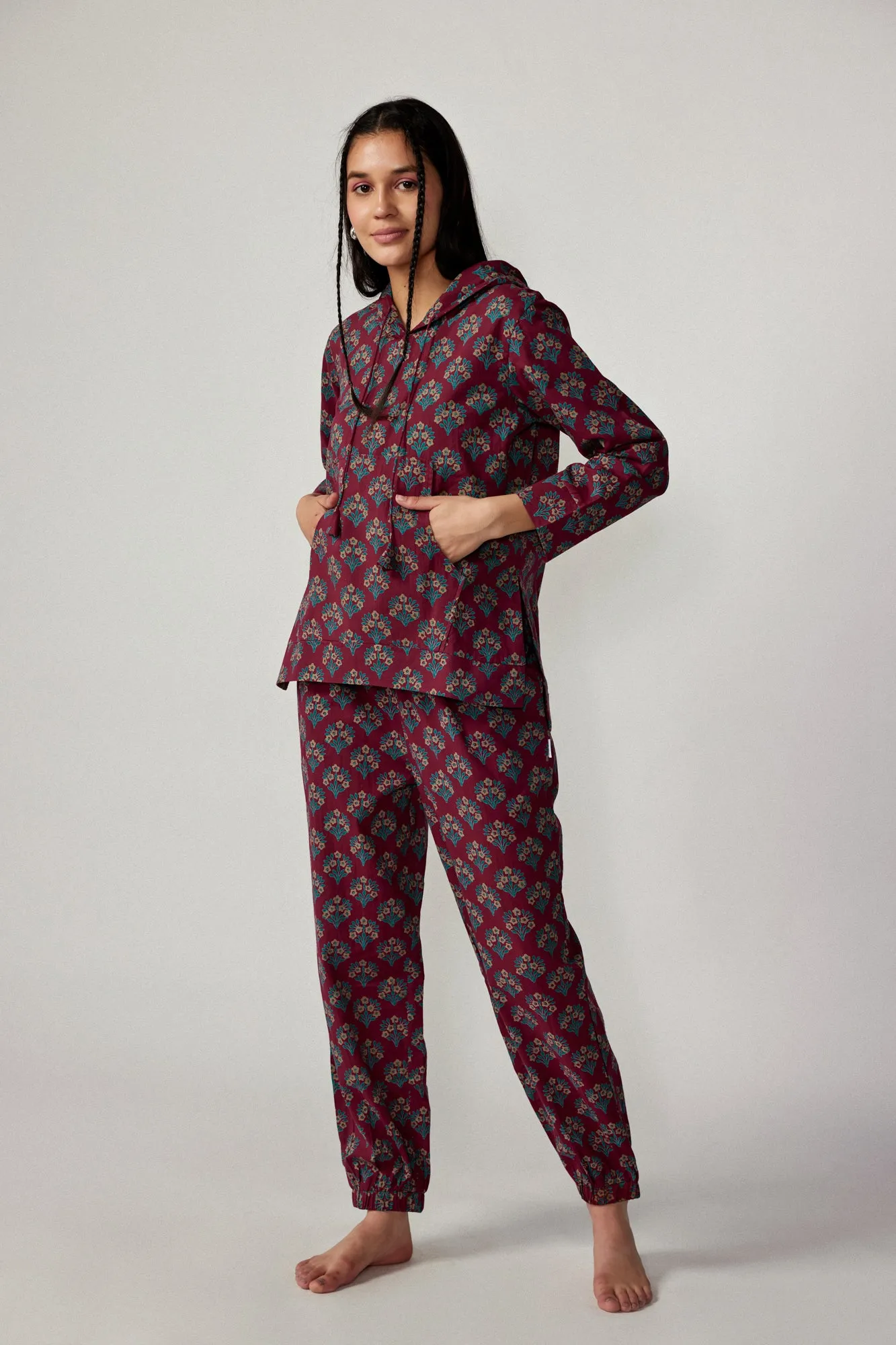 Aloha mora on Maroon Cotton Hoodie Set