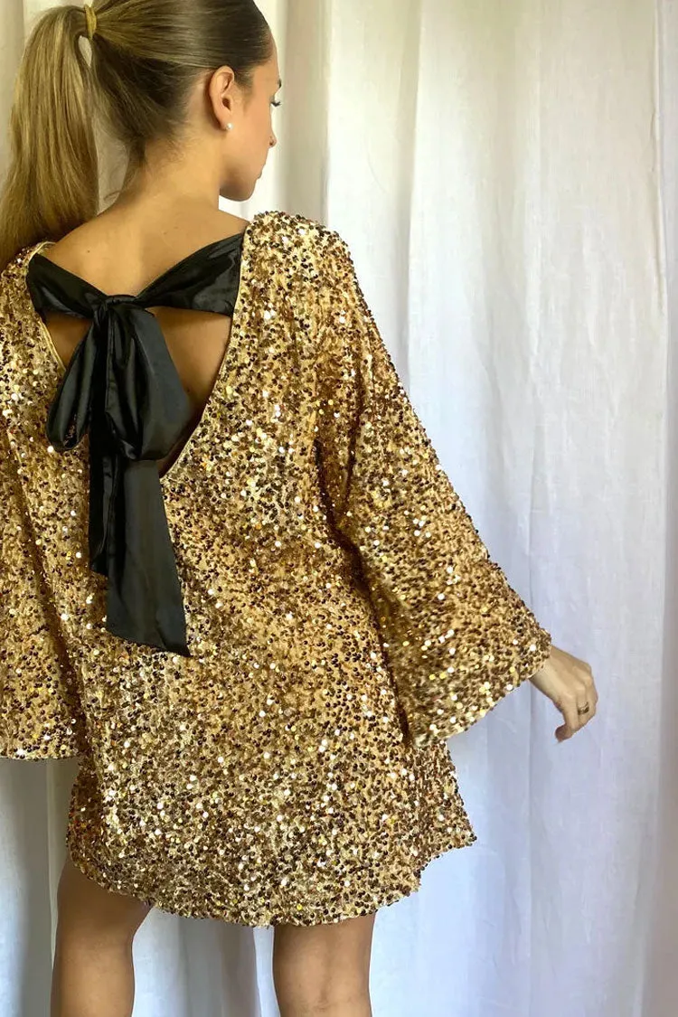 Amozae-hoco dresses -Sparkly Sequin Bow Tie Long Sleeve Oversized Velvet Party Mini Dress - Gold