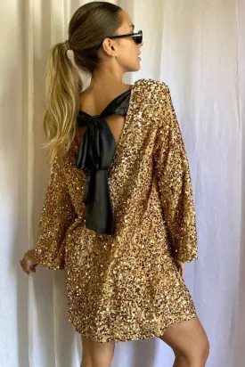 Amozae-hoco dresses -Sparkly Sequin Bow Tie Long Sleeve Oversized Velvet Party Mini Dress - Gold