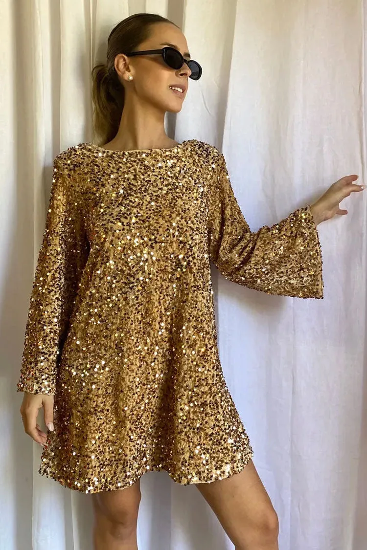 Amozae-hoco dresses -Sparkly Sequin Bow Tie Long Sleeve Oversized Velvet Party Mini Dress - Gold