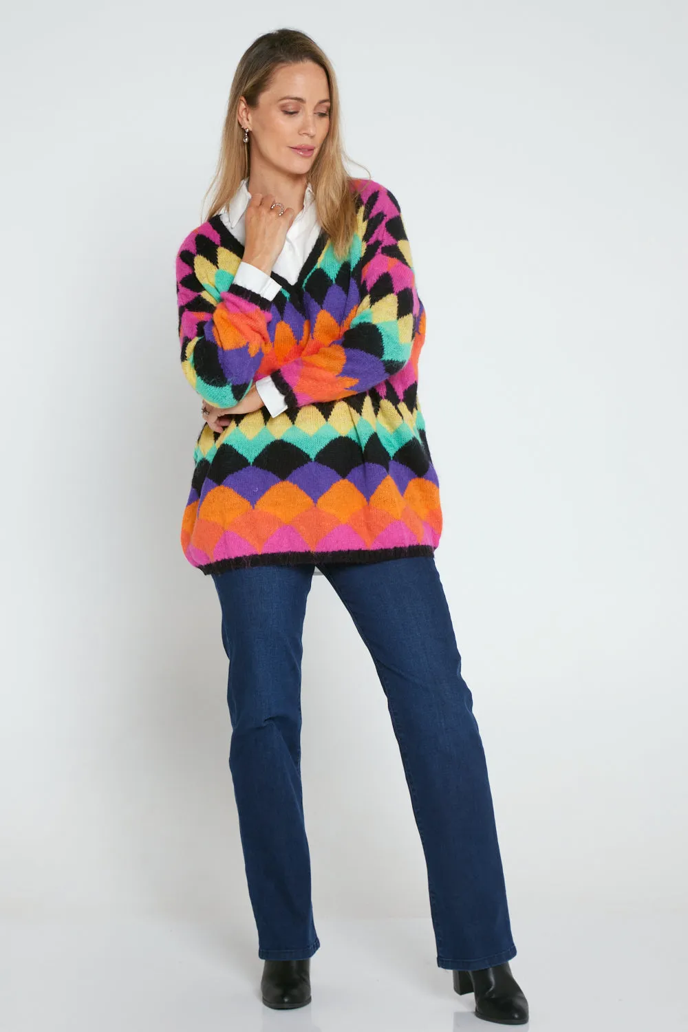 Argyle Knit Jumper - Black/Rainbow