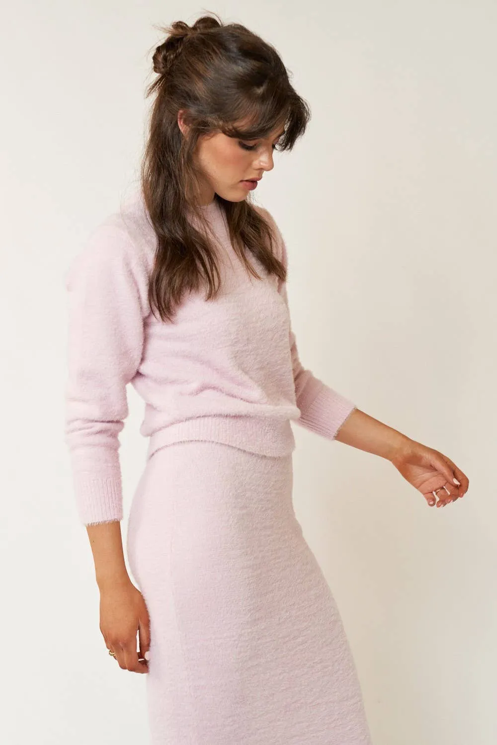 Baby Pink FUZZY ROUND NECK SWEATER TOP