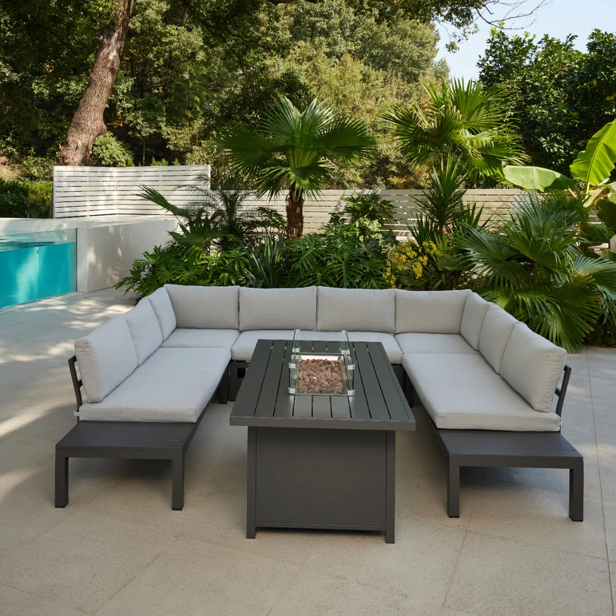 Bahia Luxury U-Shape Garden Sofa with Fire Pit Table, Grey