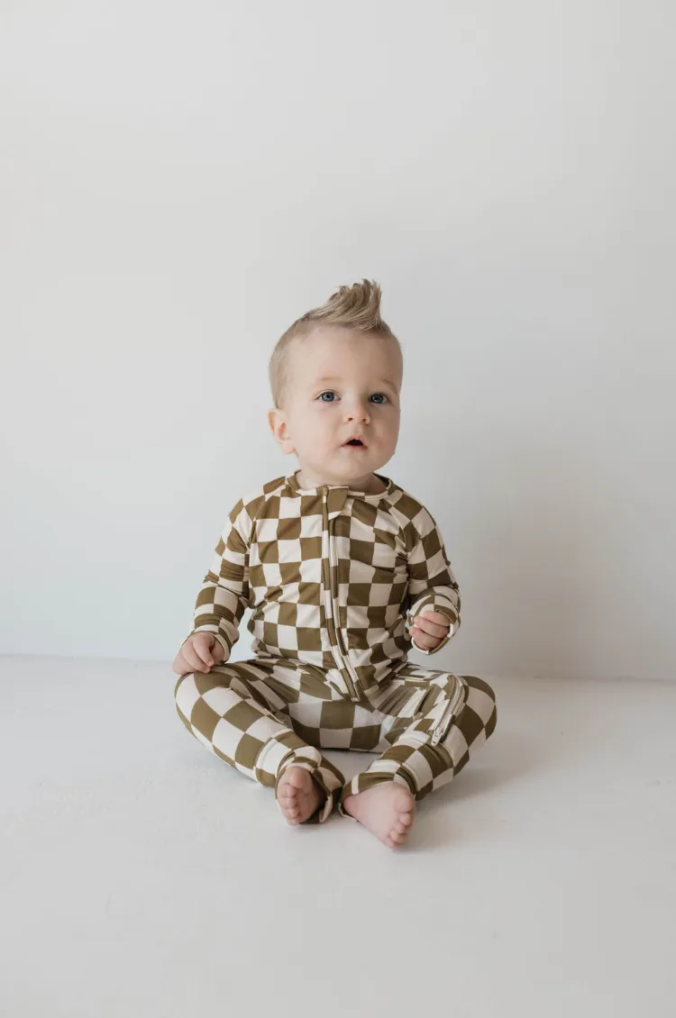 Bamboo Zip Pajamas  | Olive checker