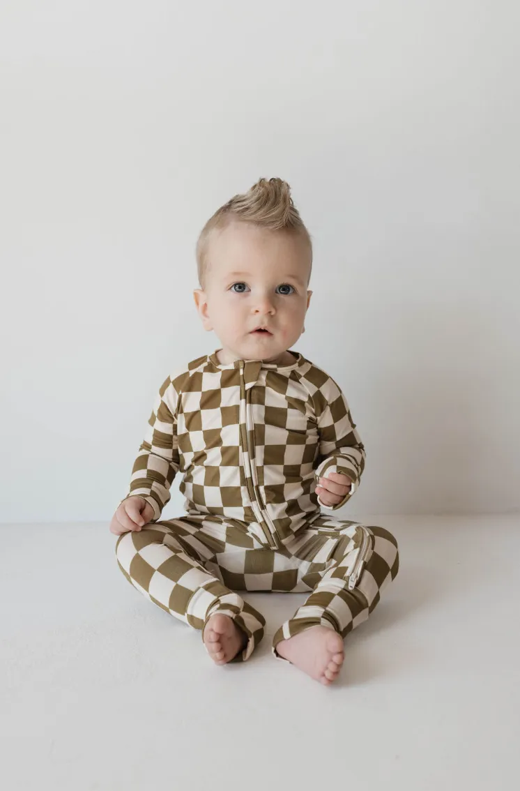 Bamboo Zip Pajamas  | Olive checker