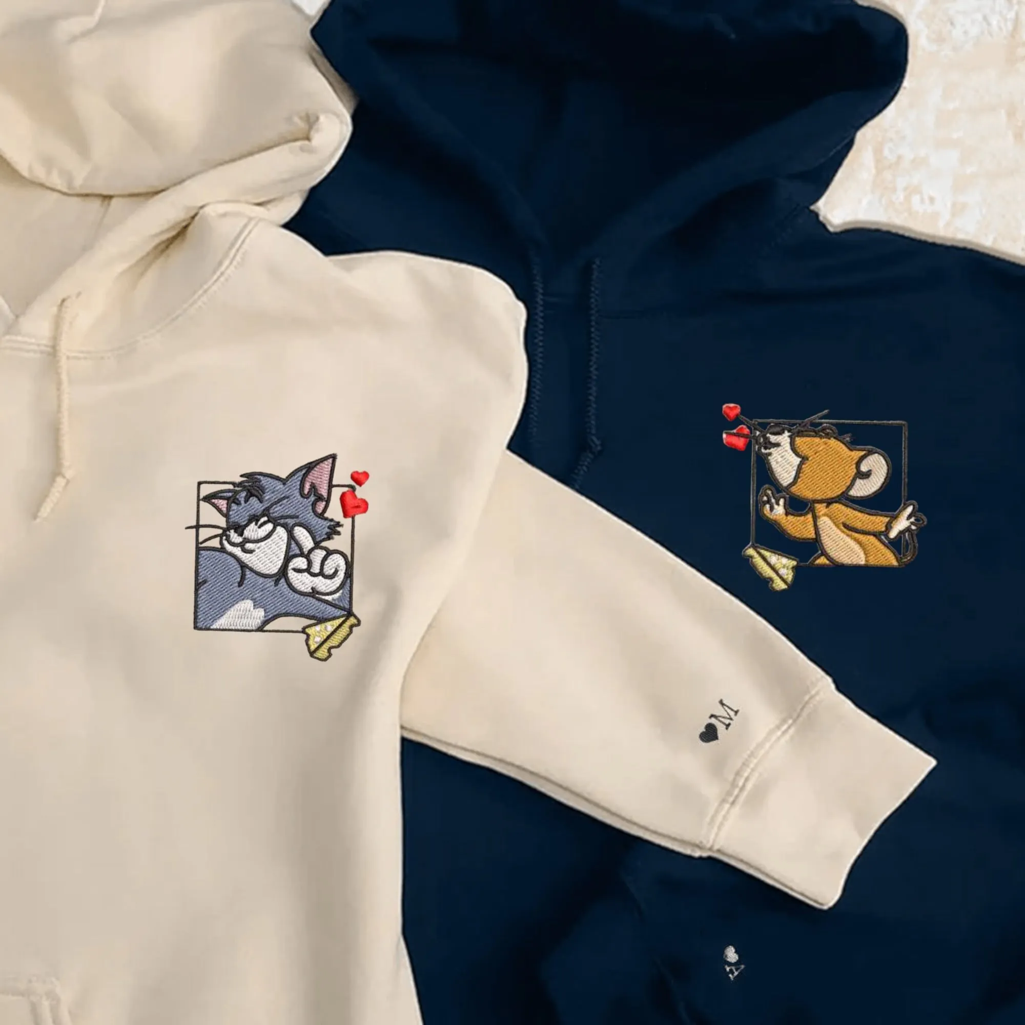 Cartoon Cat & Mouse Embroidered Couple Hoodies – Perfect Anniversary Gifts, Matching Partner Hoodies