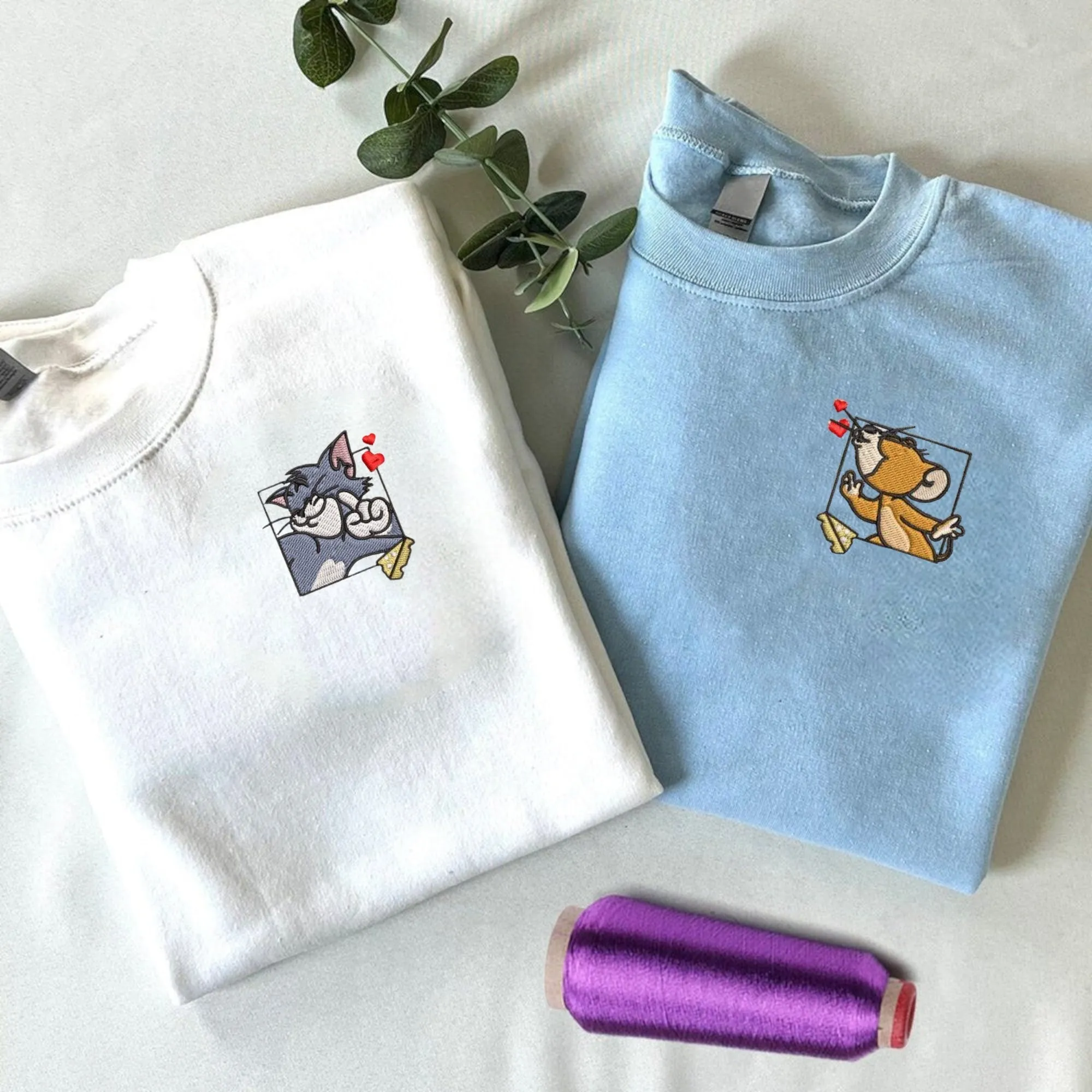 Cartoon Cat & Mouse Embroidered Couple Hoodies – Perfect Anniversary Gifts, Matching Partner Hoodies