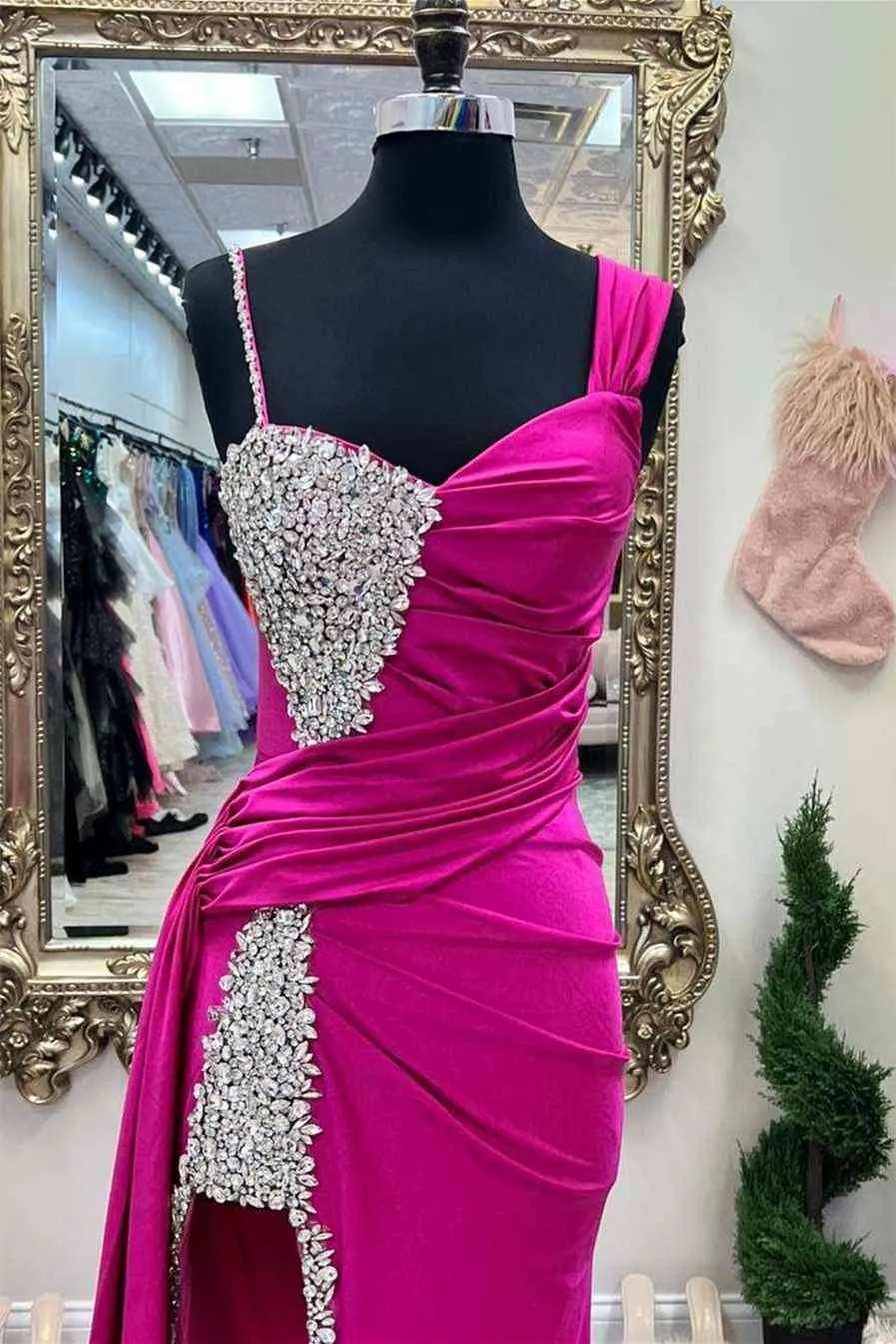 Chic Fuchsia Beaded Long Porm Dress