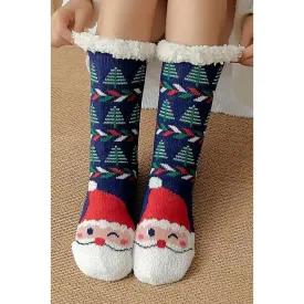 Christmas Navy Design with Santa Fuzzy Mid-Crew Cozy Lounge Socks