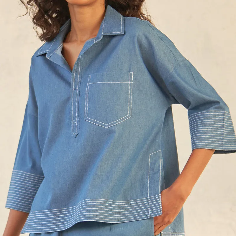 Cotton Denim Blue Top for Women | High-Low Hem