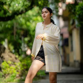 Cotton Oversized Shirt for Women | Cream & Yellow | Checkered