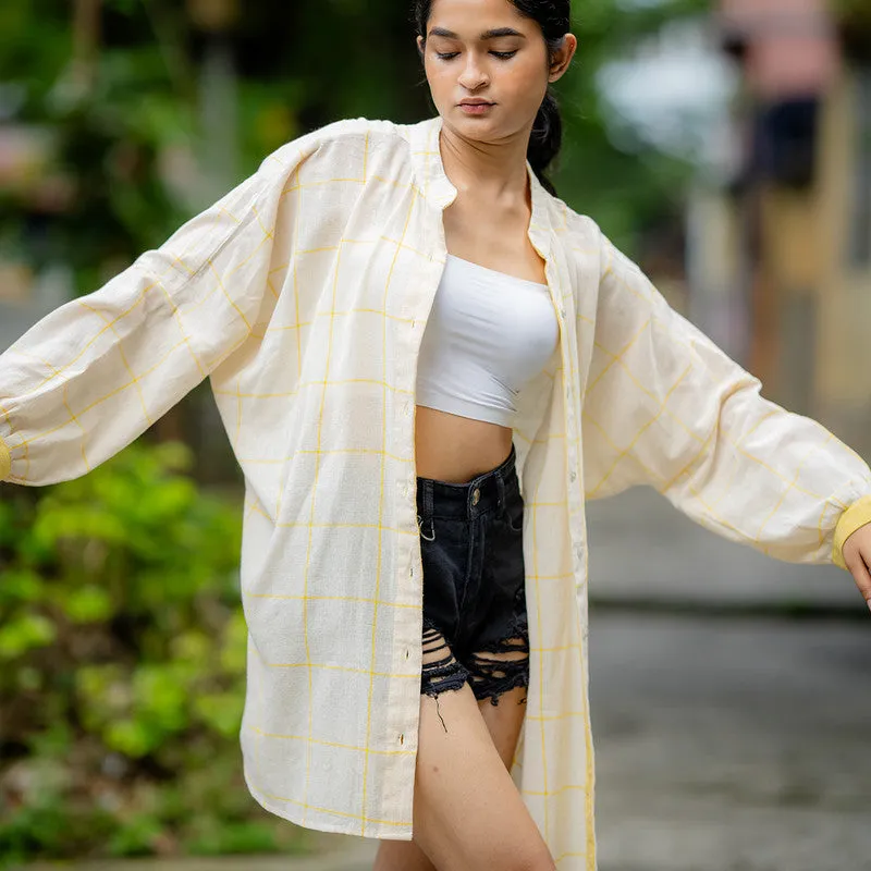 Cotton Oversized Shirt for Women | Cream & Yellow | Checkered