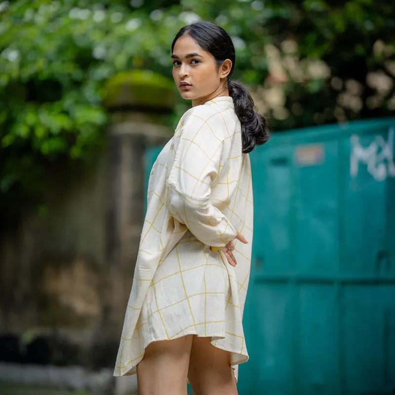 Cotton Oversized Shirt for Women | Cream & Yellow | Checkered