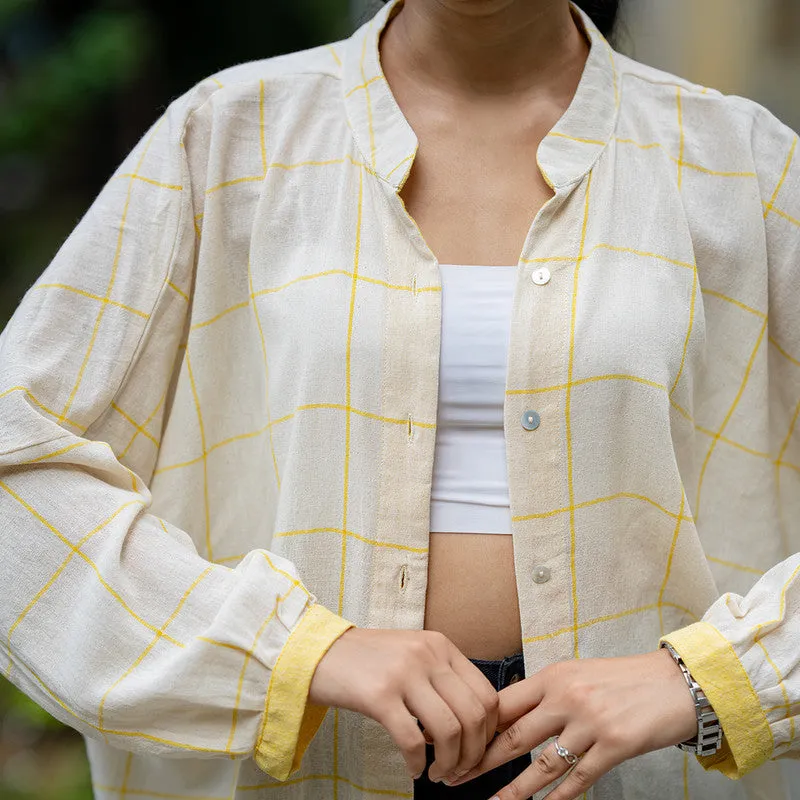 Cotton Oversized Shirt for Women | Cream & Yellow | Checkered