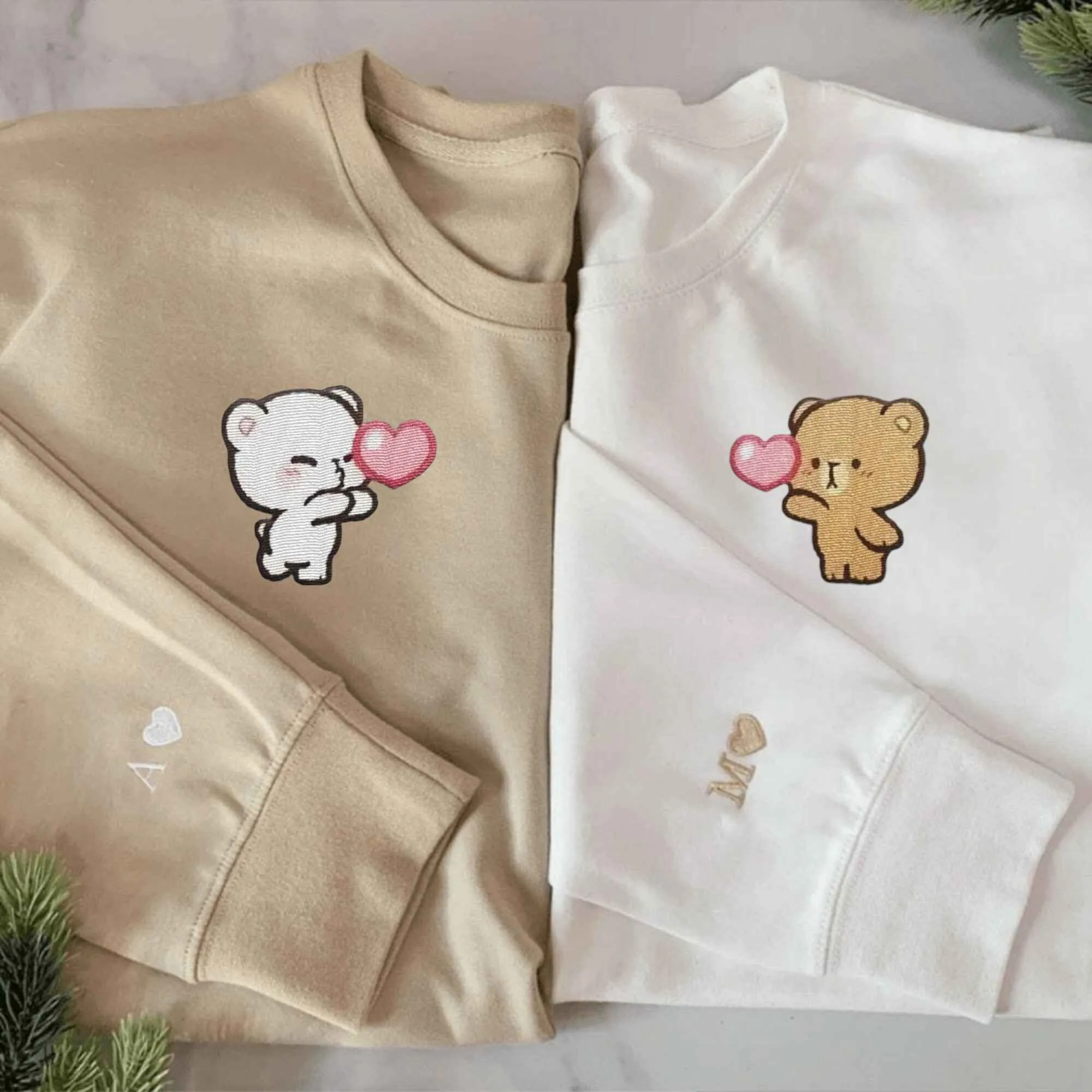 Custom Embroidered Bear Couple Hoodies | Milk Mocha Bear Matching Sweatshirts For Couples