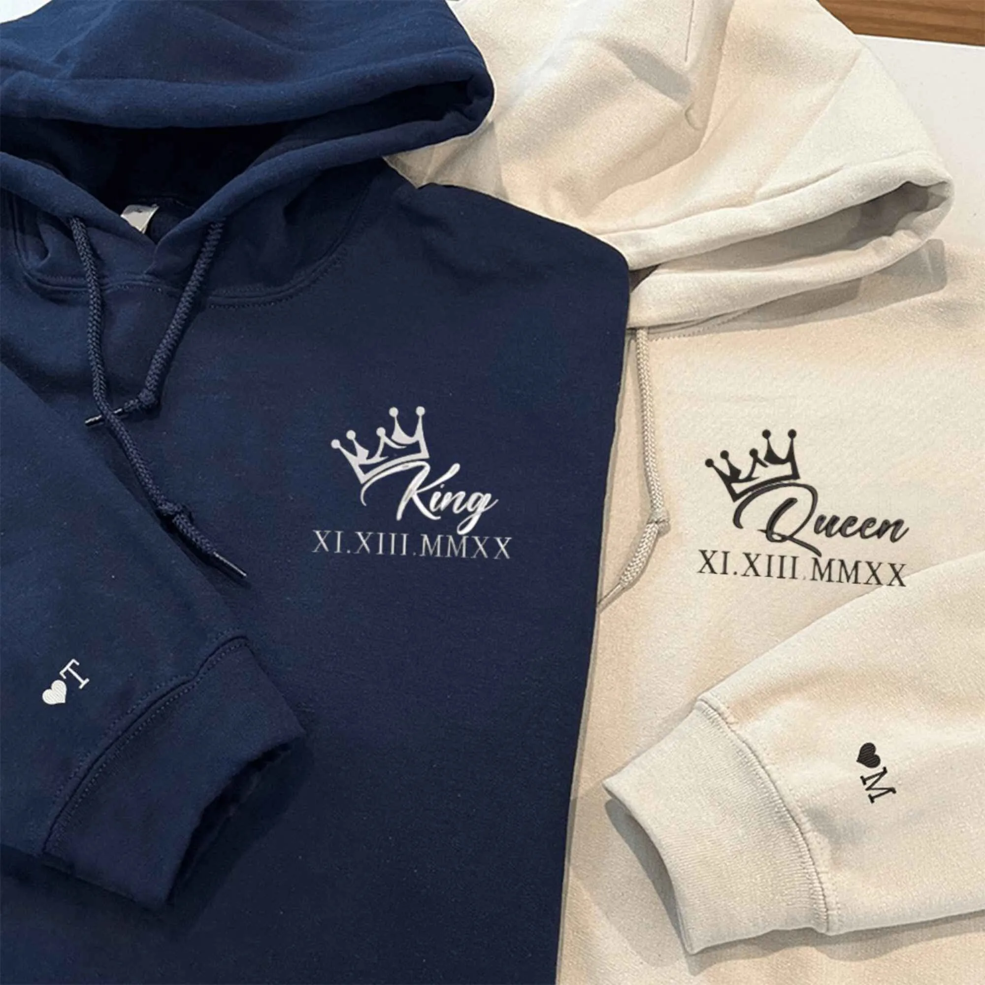 Custom Embroidered King and Queen Couple Hoodies | Matching Hoodies With Roman Date Design