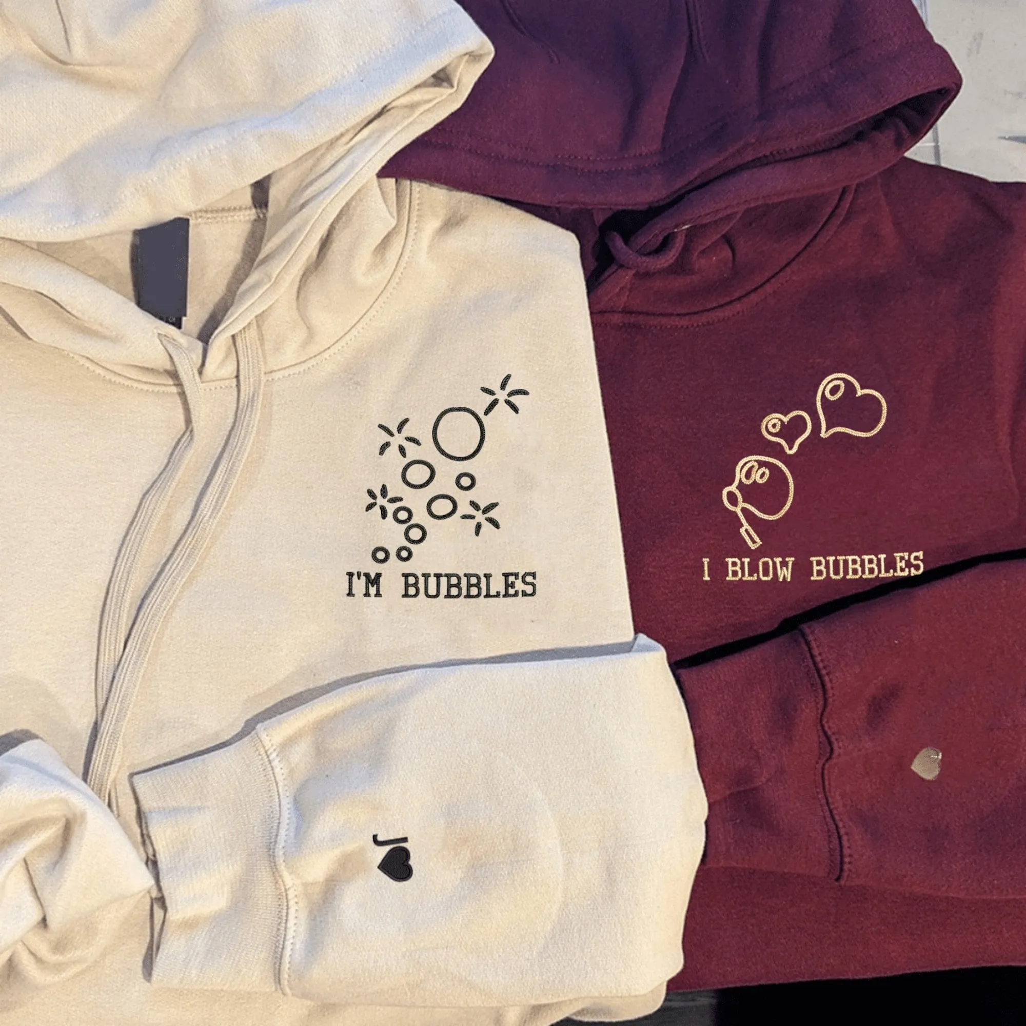 Custom Embroidered Matching Couple Hoodies - 'I Blow Bubbles' and 'I'm Bubbles'