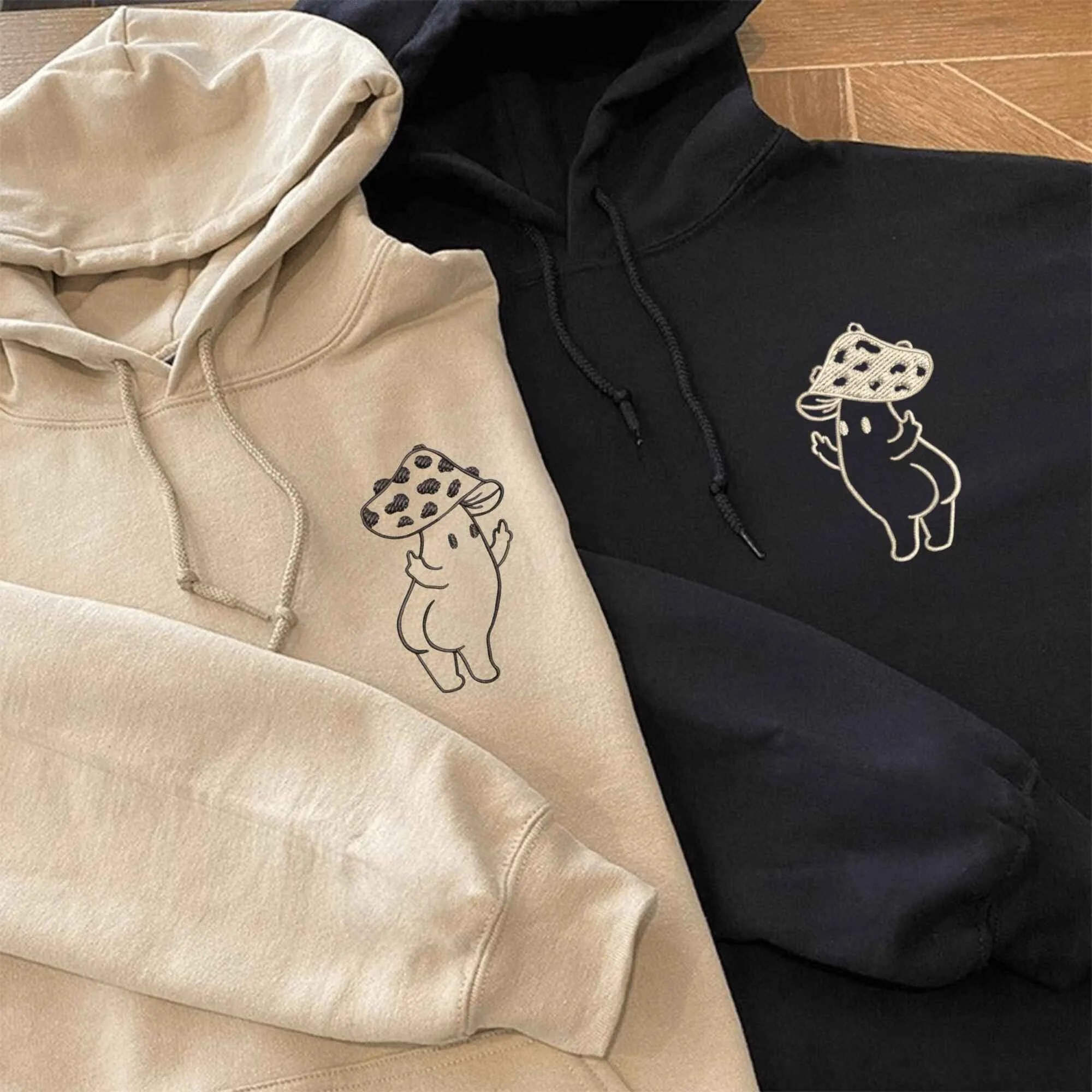 Custom Embroidered Middle Finger Mushroom Couple Hoodies | Matching Hoodies For Couples