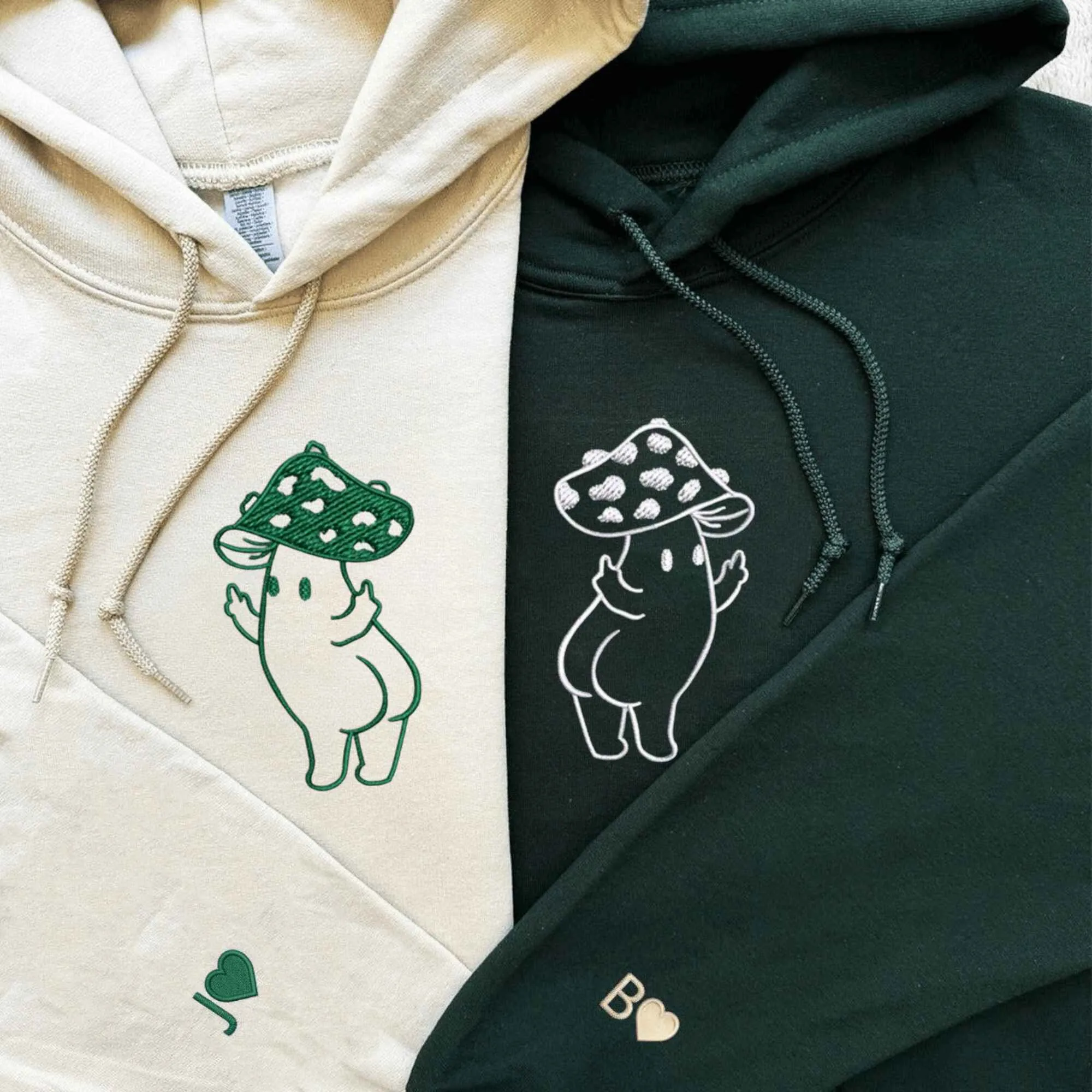 Custom Embroidered Middle Finger Mushroom Couple Hoodies | Matching Hoodies For Couples