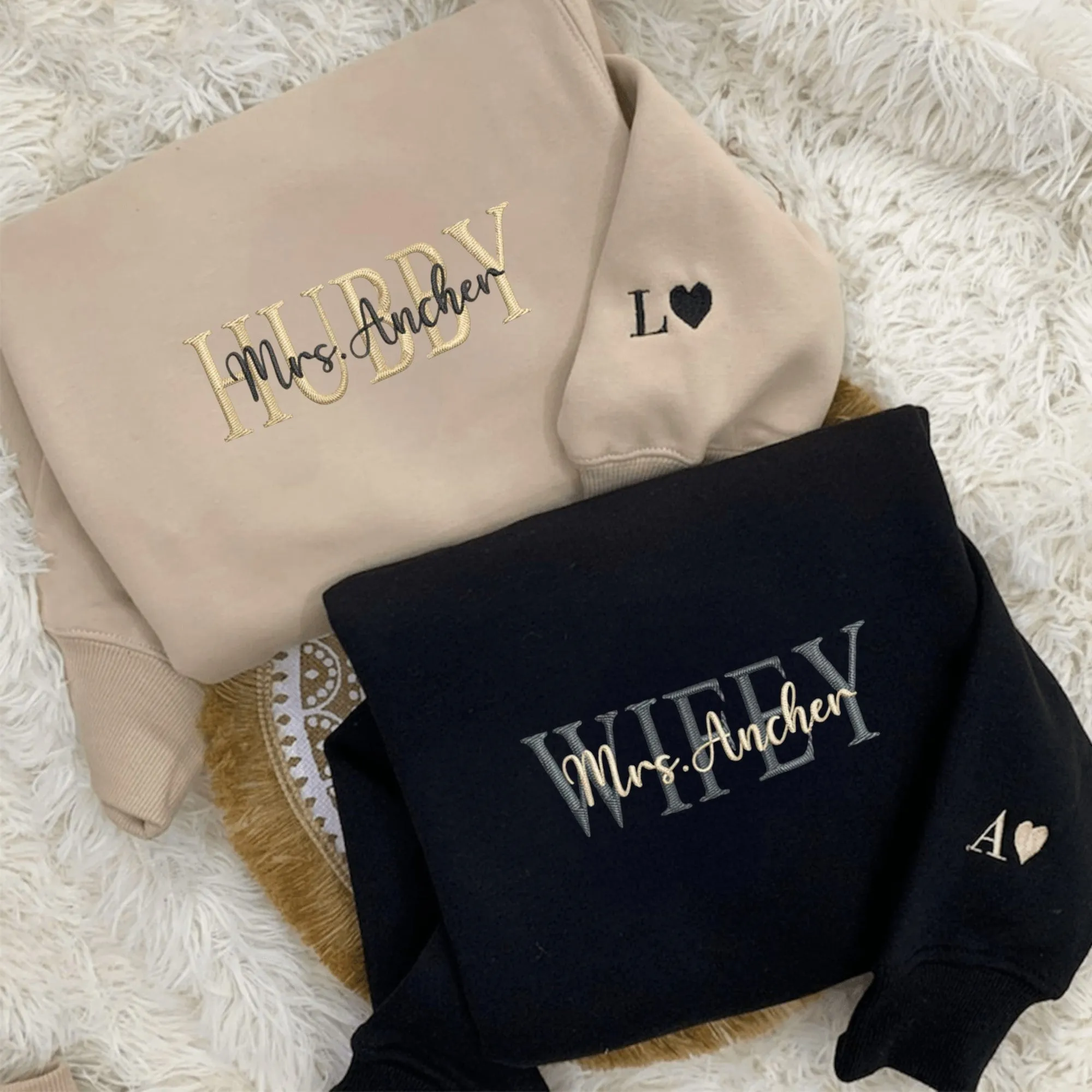 Custom Embroidered Wifey & Hubby Anniversary Sweatshirt Hoodies - Matching Hoodies For Couples