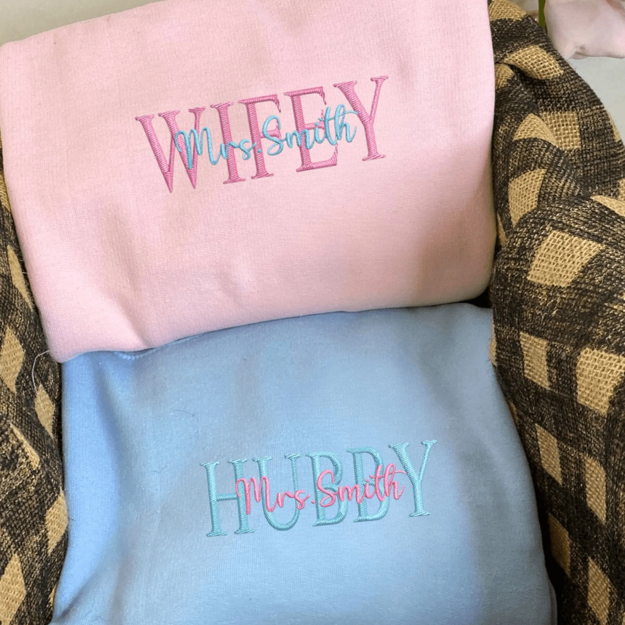 Custom Embroidered Wifey & Hubby Anniversary Sweatshirt Hoodies - Matching Hoodies For Couples