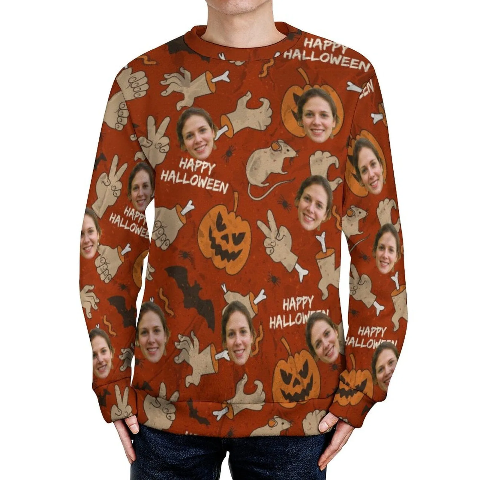 Custom Face Round Neck Sweater for Men Happy Halloween Long Sleeve Lightweight Sweater Tops Personalized Ugly Sweater With Photo