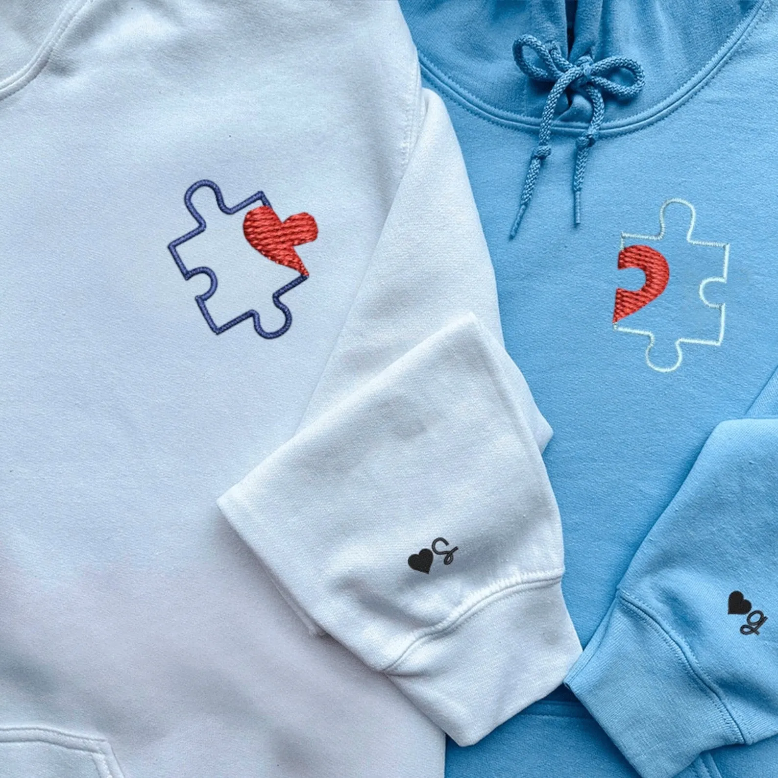 Custom Heart Puzzle Piece Matching Couple Hoodies – Personalized Cute Couple Sweatshirts with Heart Design