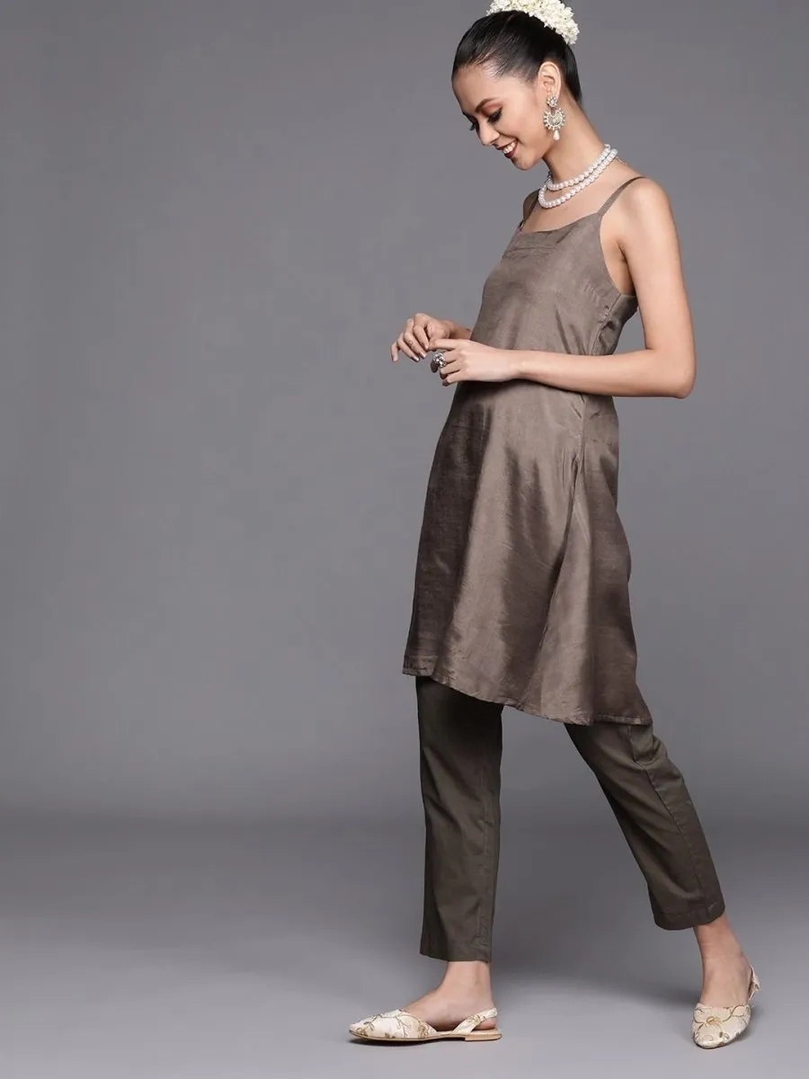 Dark Taupe Embroidered Kaftan Kurta with Pants