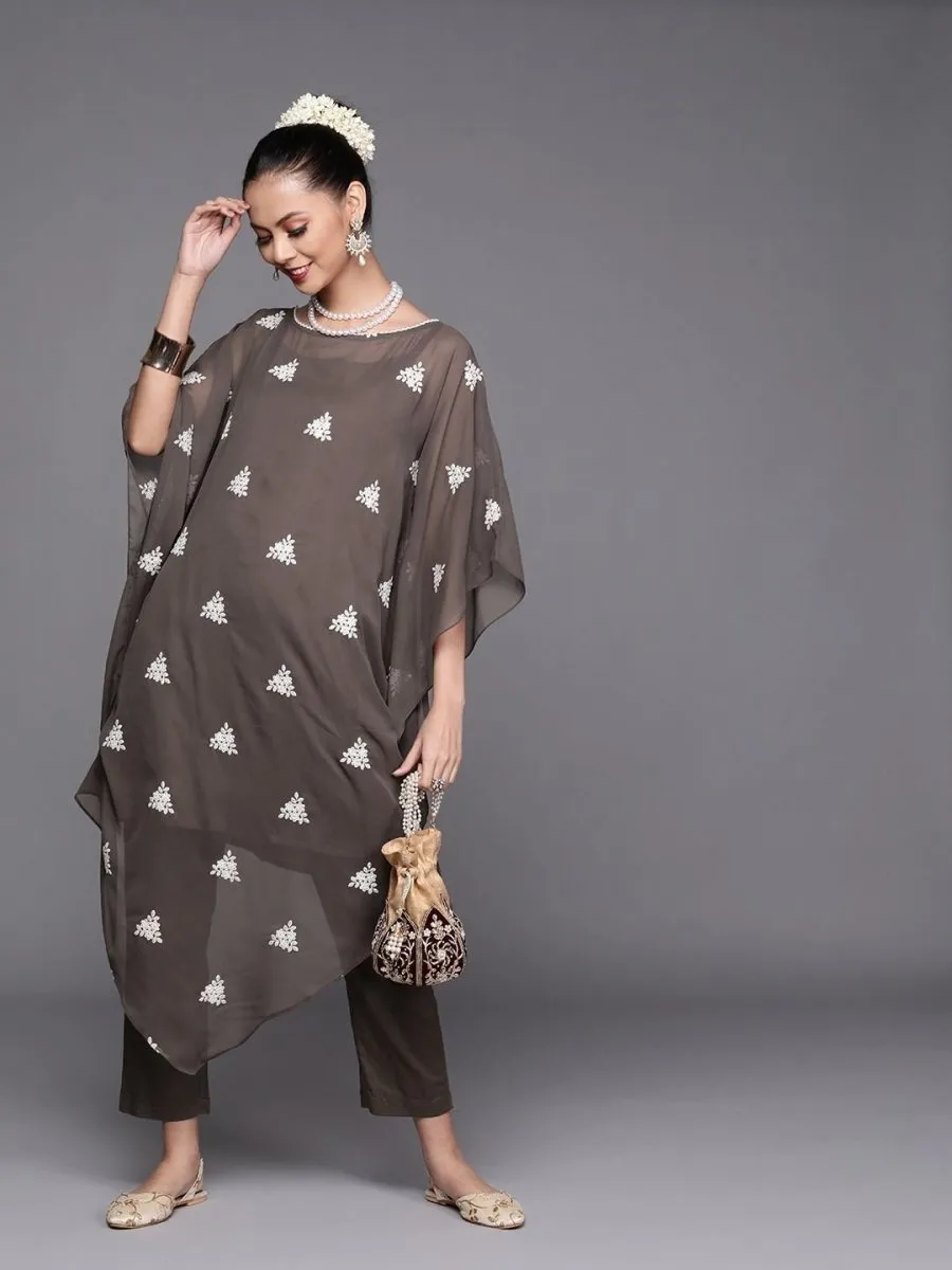 Dark Taupe Embroidered Kaftan Kurta with Pants