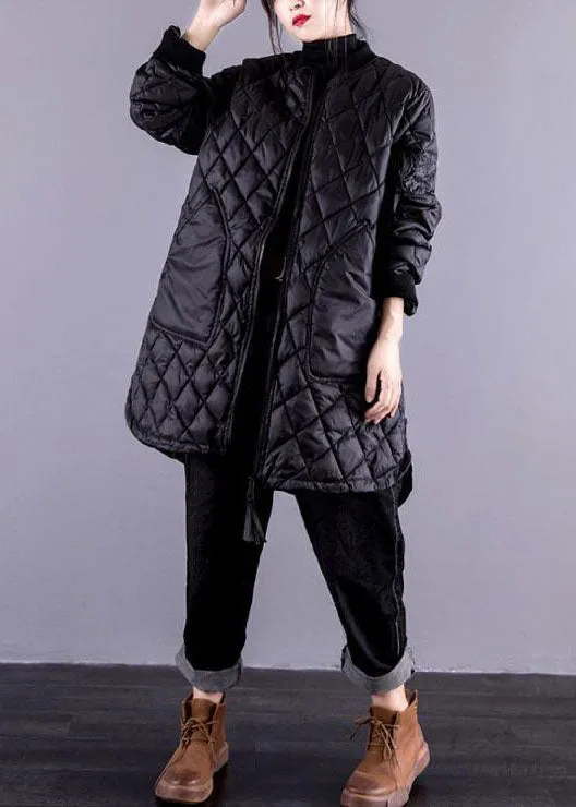 Elegant Black Stand Collar Zip Up Pockets Fine Cotton Filled Coats Winter