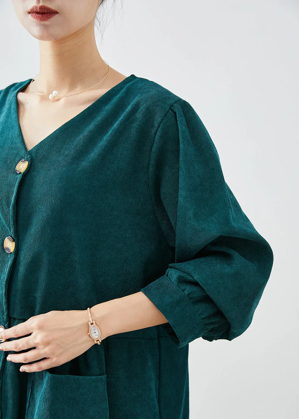 Elegant Blackish Green Oversized Pockets Corduroy Trench Fall