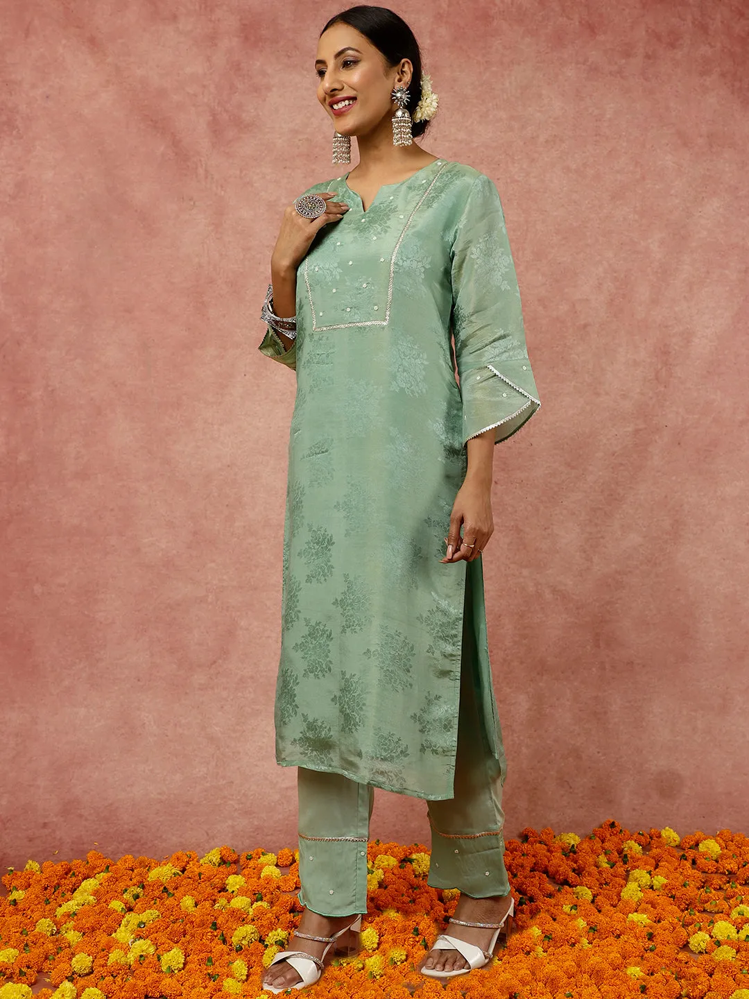 Embellished Green Pure Jacquard Silk Straight Kurta With Pants And Organza Dupatta