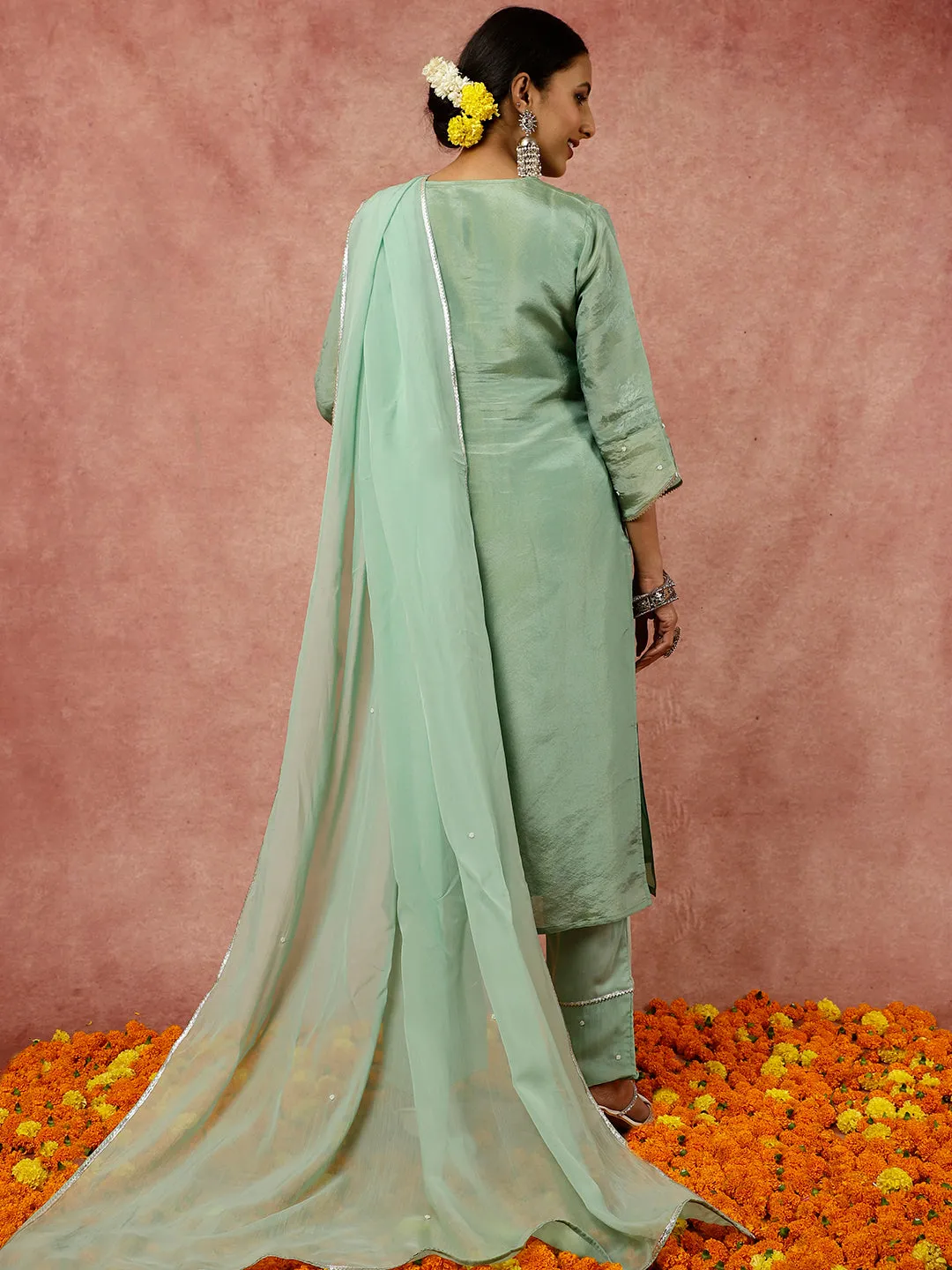 Embellished Green Pure Jacquard Silk Straight Kurta With Pants And Organza Dupatta