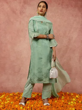 Embellished Green Pure Jacquard Silk Straight Kurta With Pants And Organza Dupatta