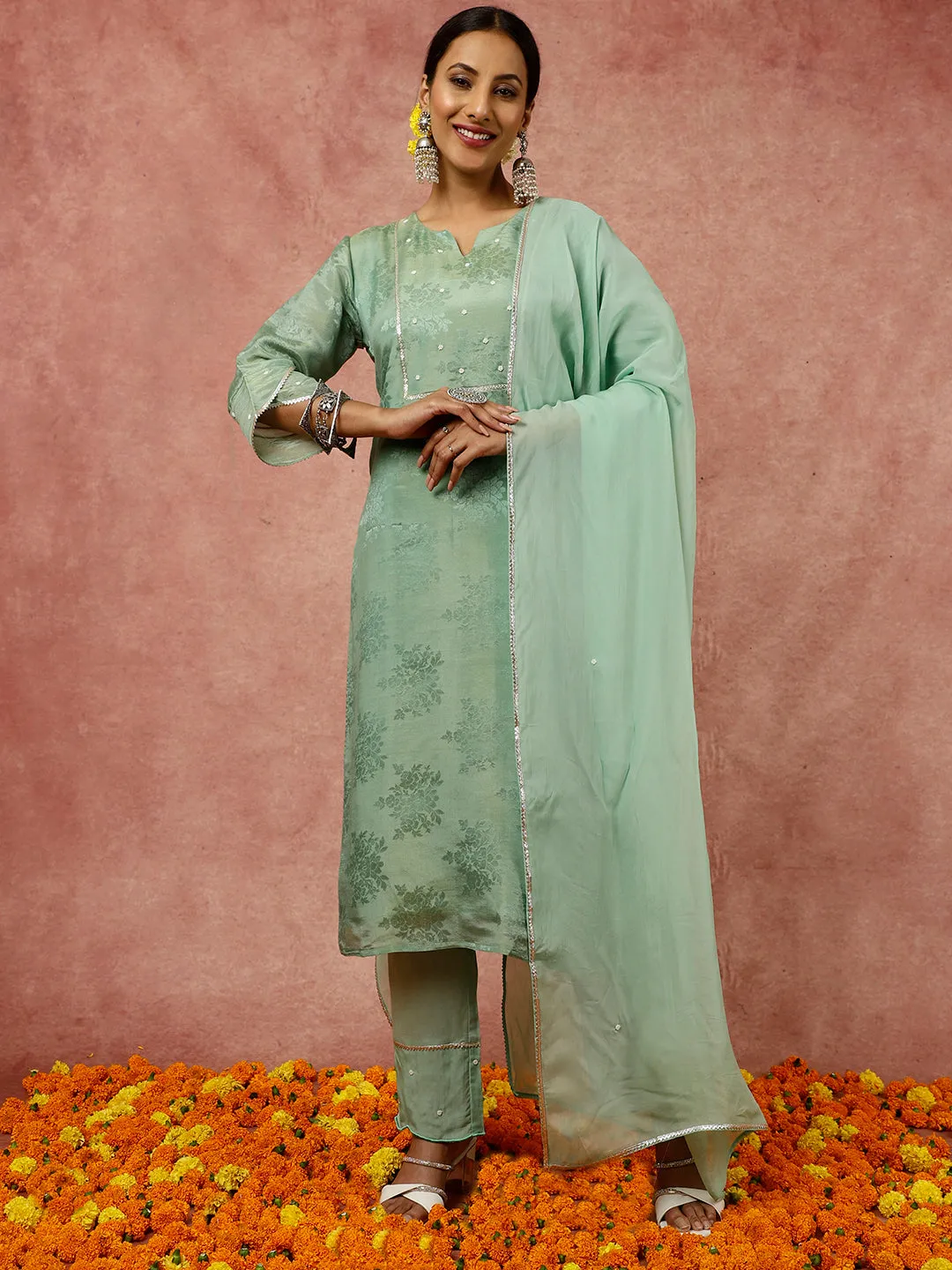 Embellished Green Pure Jacquard Silk Straight Kurta With Pants And Organza Dupatta