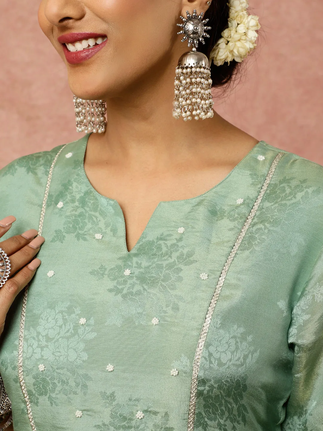 Embellished Green Pure Jacquard Silk Straight Kurta With Pants And Organza Dupatta