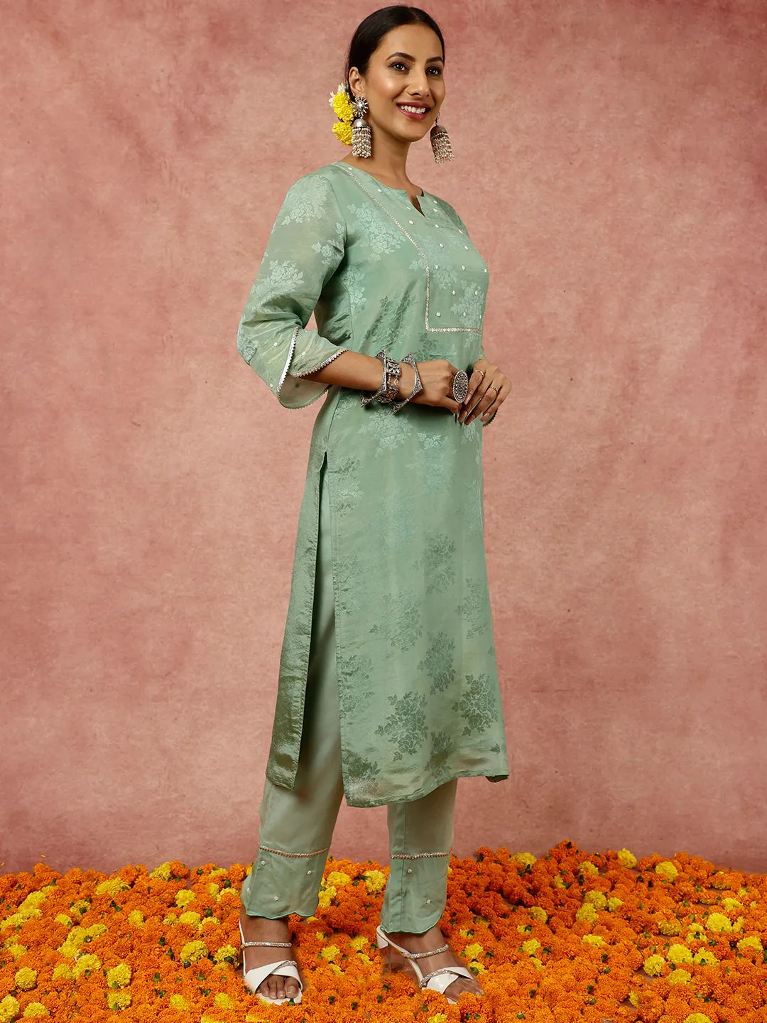 Embellished Green Pure Jacquard Silk Straight Kurta With Pants And Organza Dupatta