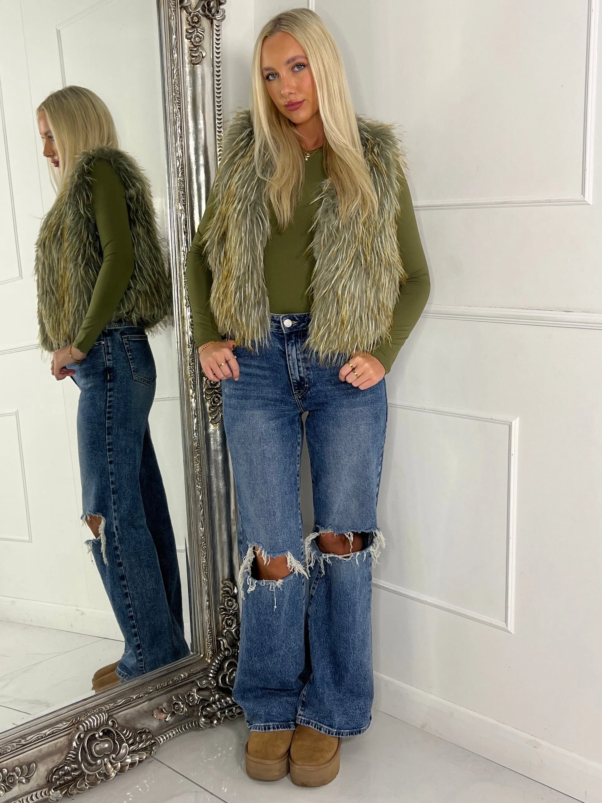 Faux Fur Gilet - Khaki