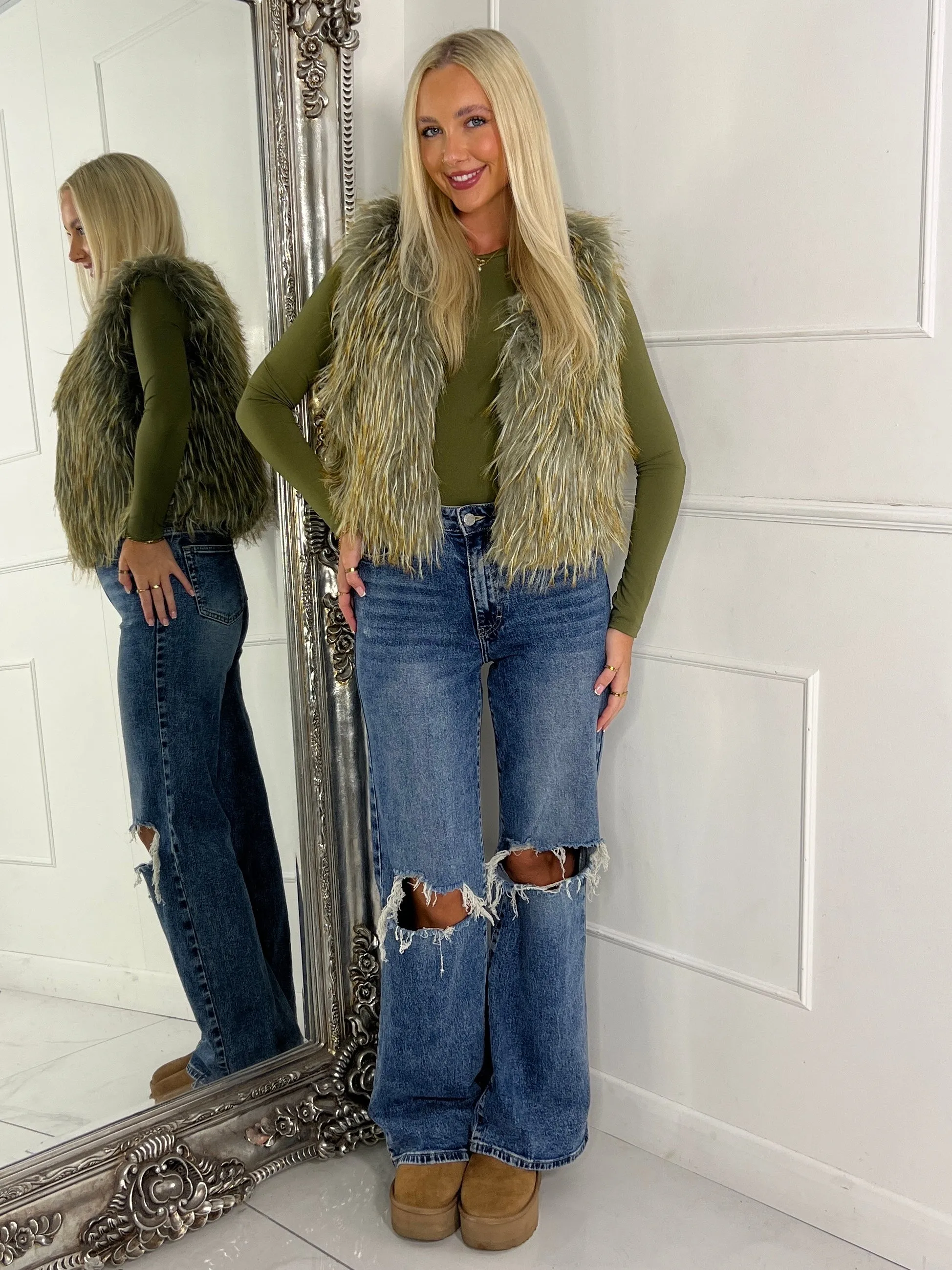 Faux Fur Gilet - Khaki