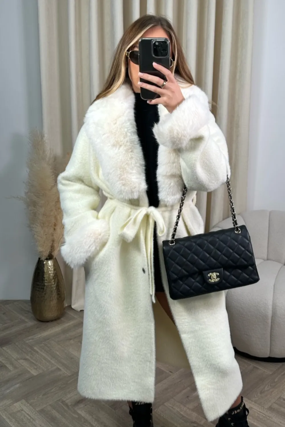 Freya cream faux fur collar long cardigan