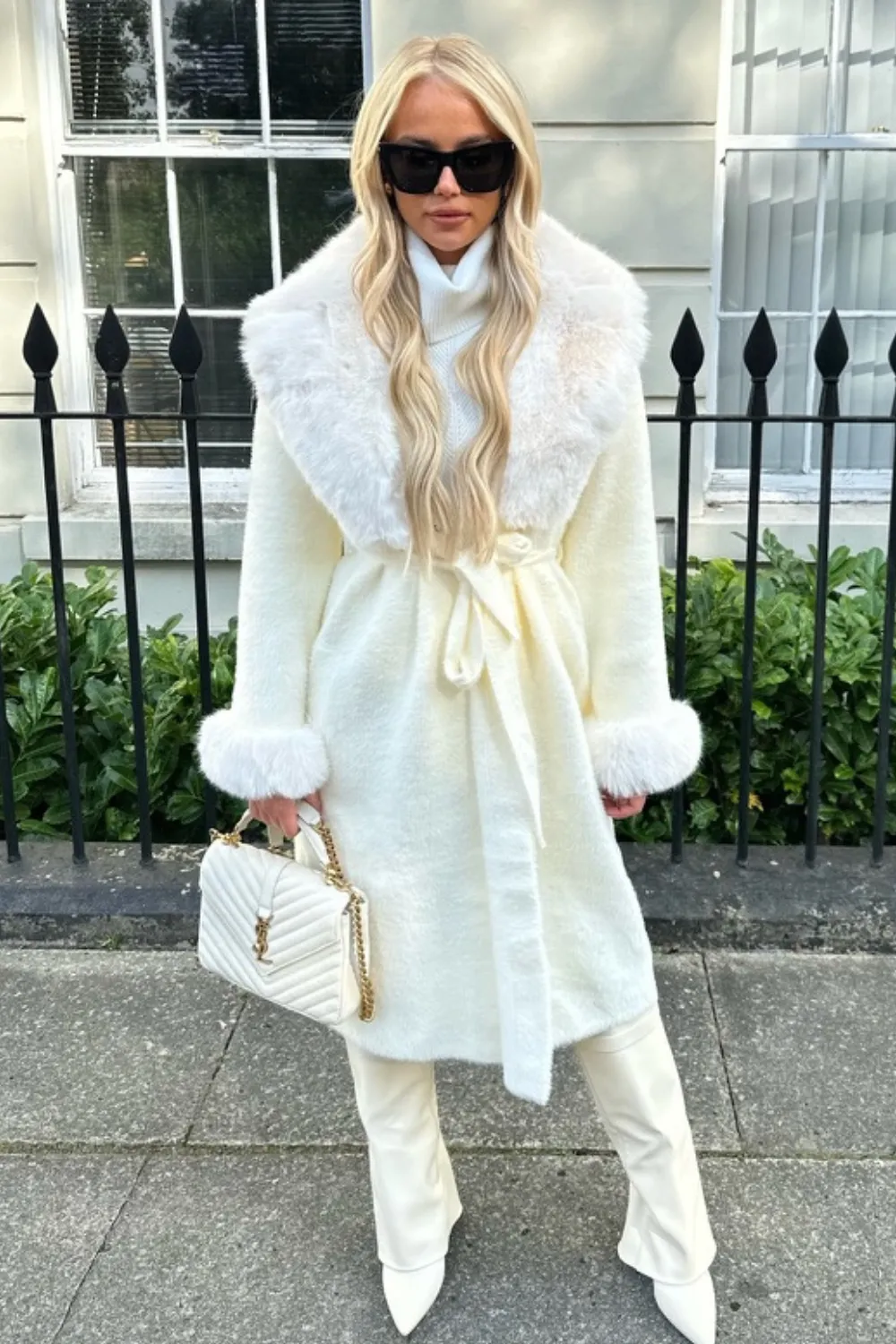 Freya cream faux fur collar long cardigan