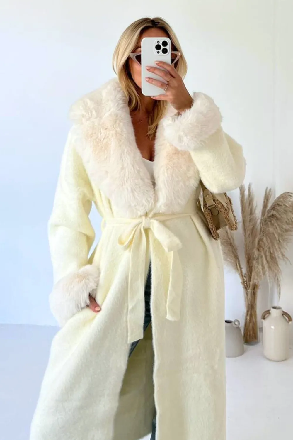 Freya cream faux fur collar long cardigan