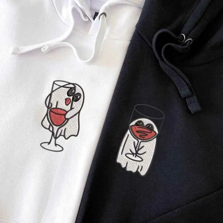 Ghost Wine Glass Couple Sweatshirts - Personalized Embroidered Hoodies For Couples