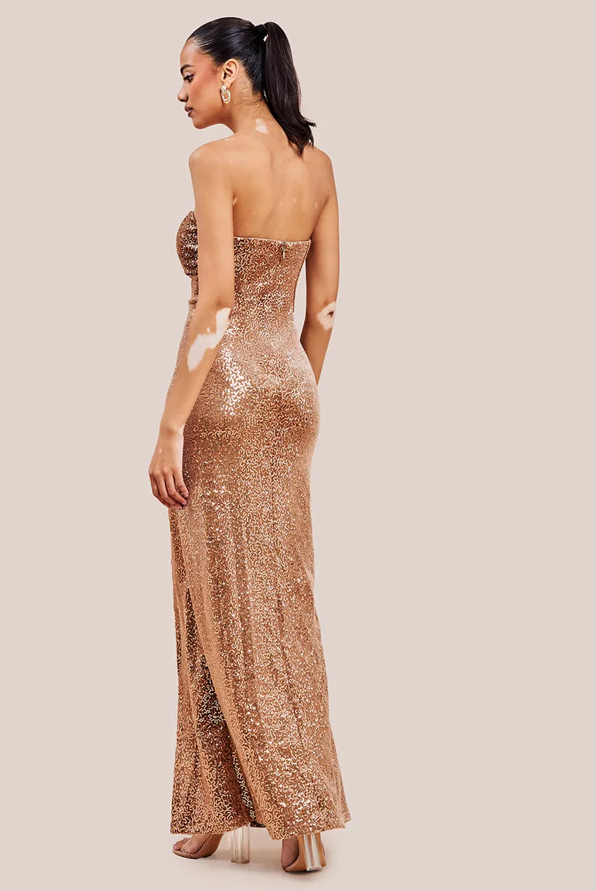 Goddiva Sequin Velvet Bandeau Maxi Dress - Champagne