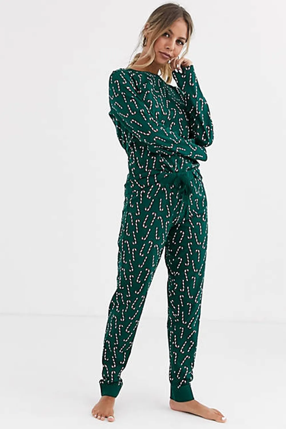 Green Christmas Candy Cane Printed Top and Pants Loungewear Set