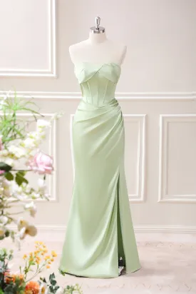 Green Sheath Corset Strapless Maxi Dress with Slit